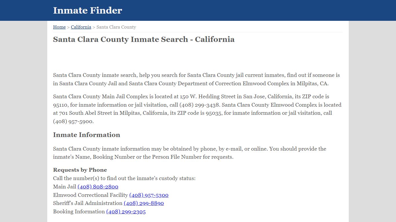 Santa Clara County California Jail Inmate Finder